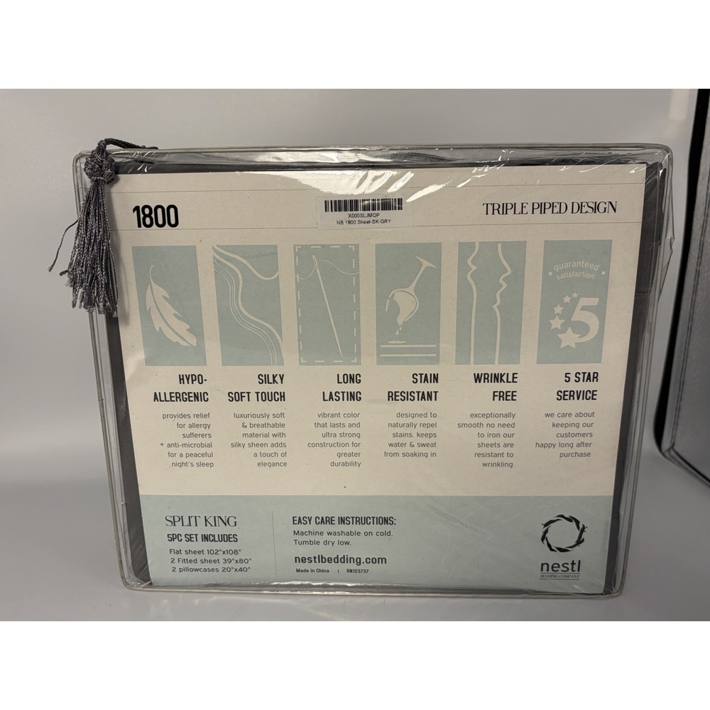 NESTL Split King SIZE 5 PIECE BED SHEET SET. Grey Hypoallergenic New/1800 Ct - Picture 6 of 11